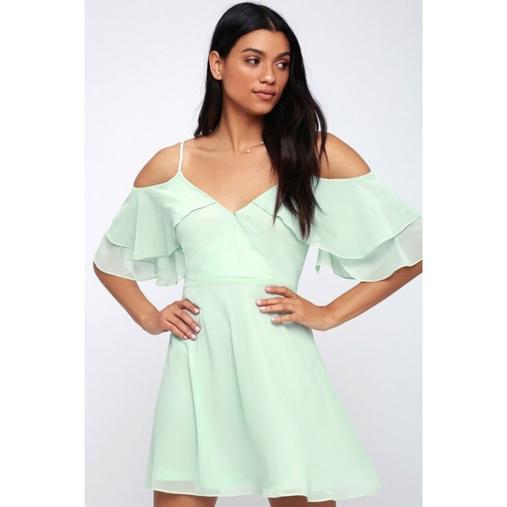 Lulu's Mint Cold-Shoulder Ruffle Skater Dress